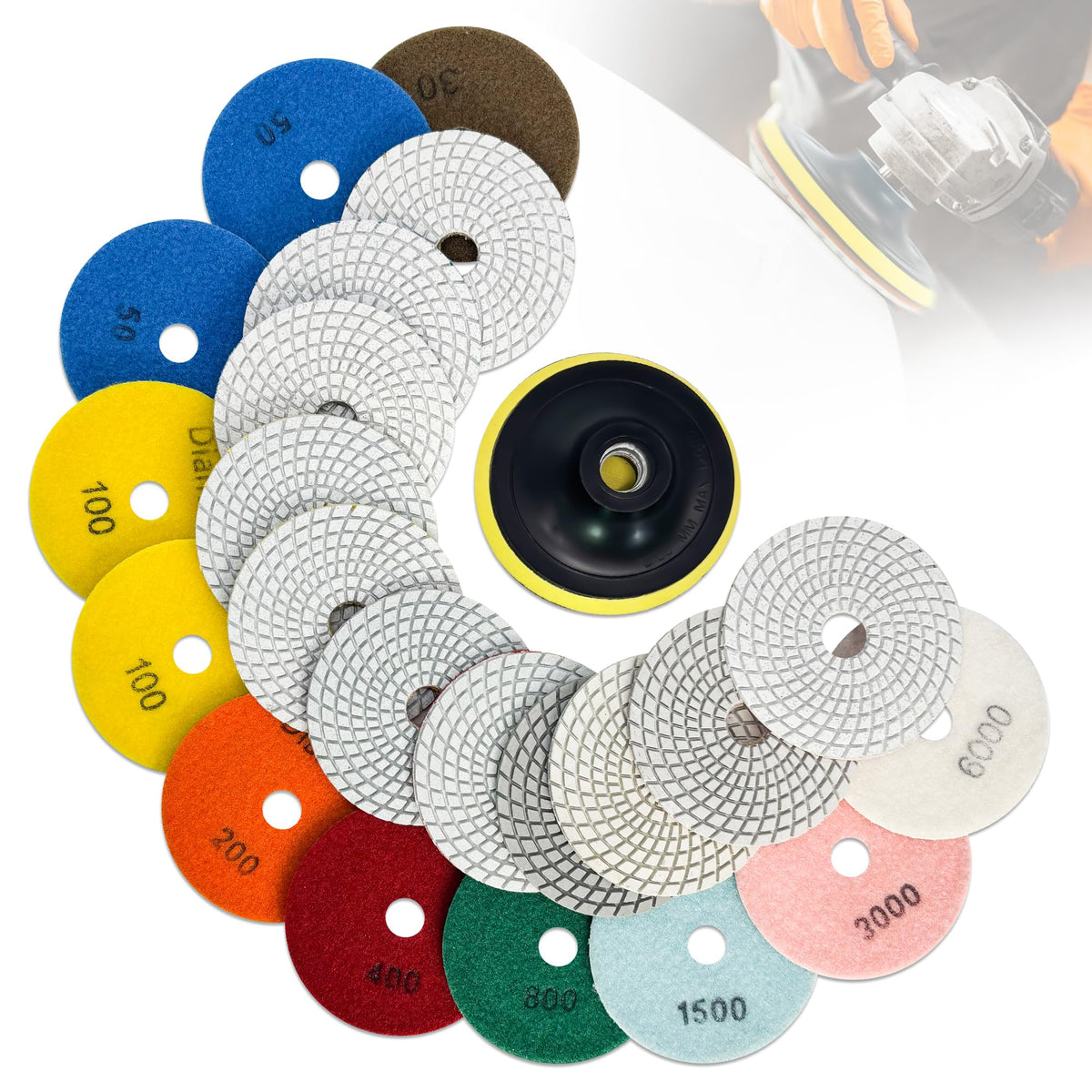 DiamDr front view of 4-inch polishing pads kit showing contents and benefits