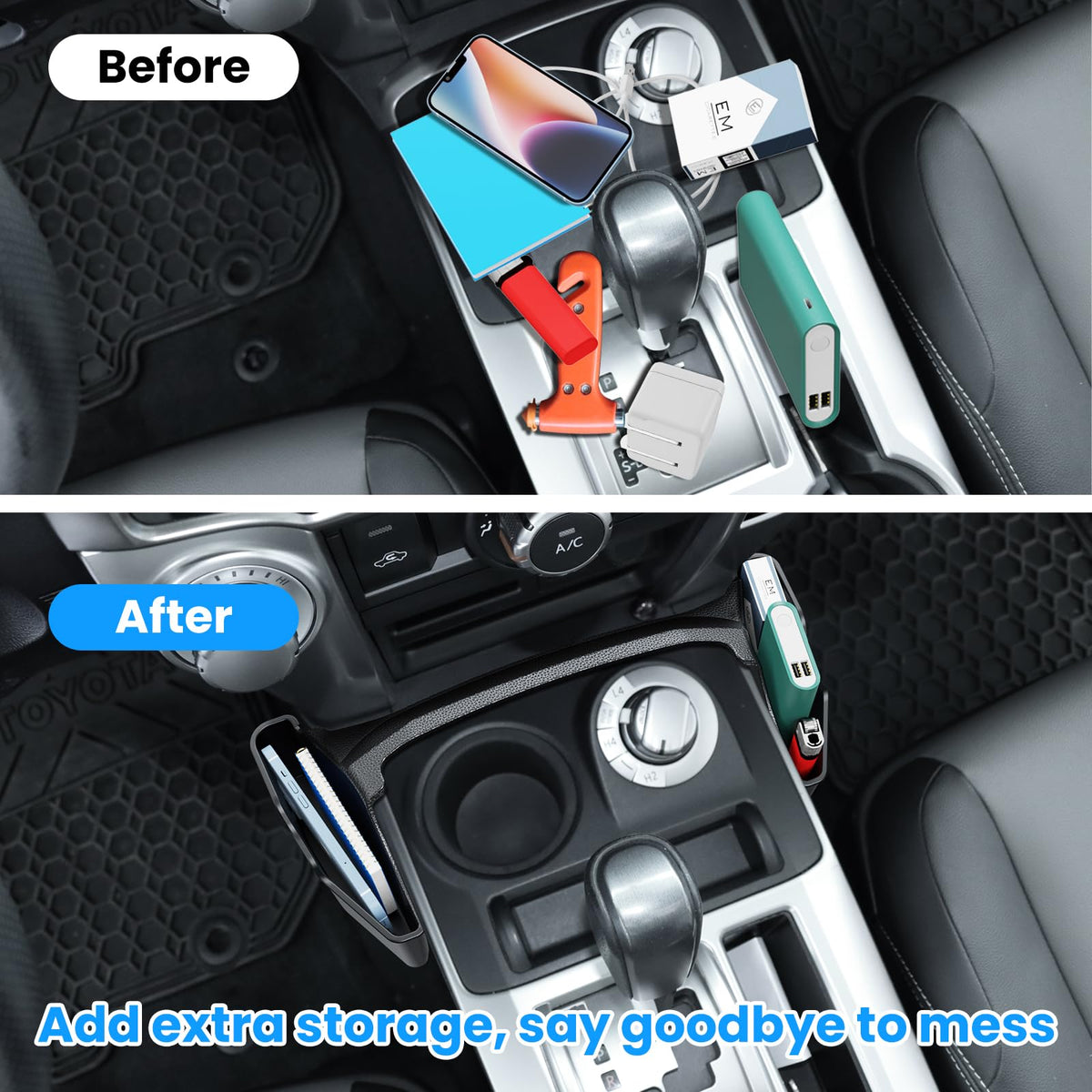 DIAMOOKY two-layer center console tray showing separated upper quick-access storage