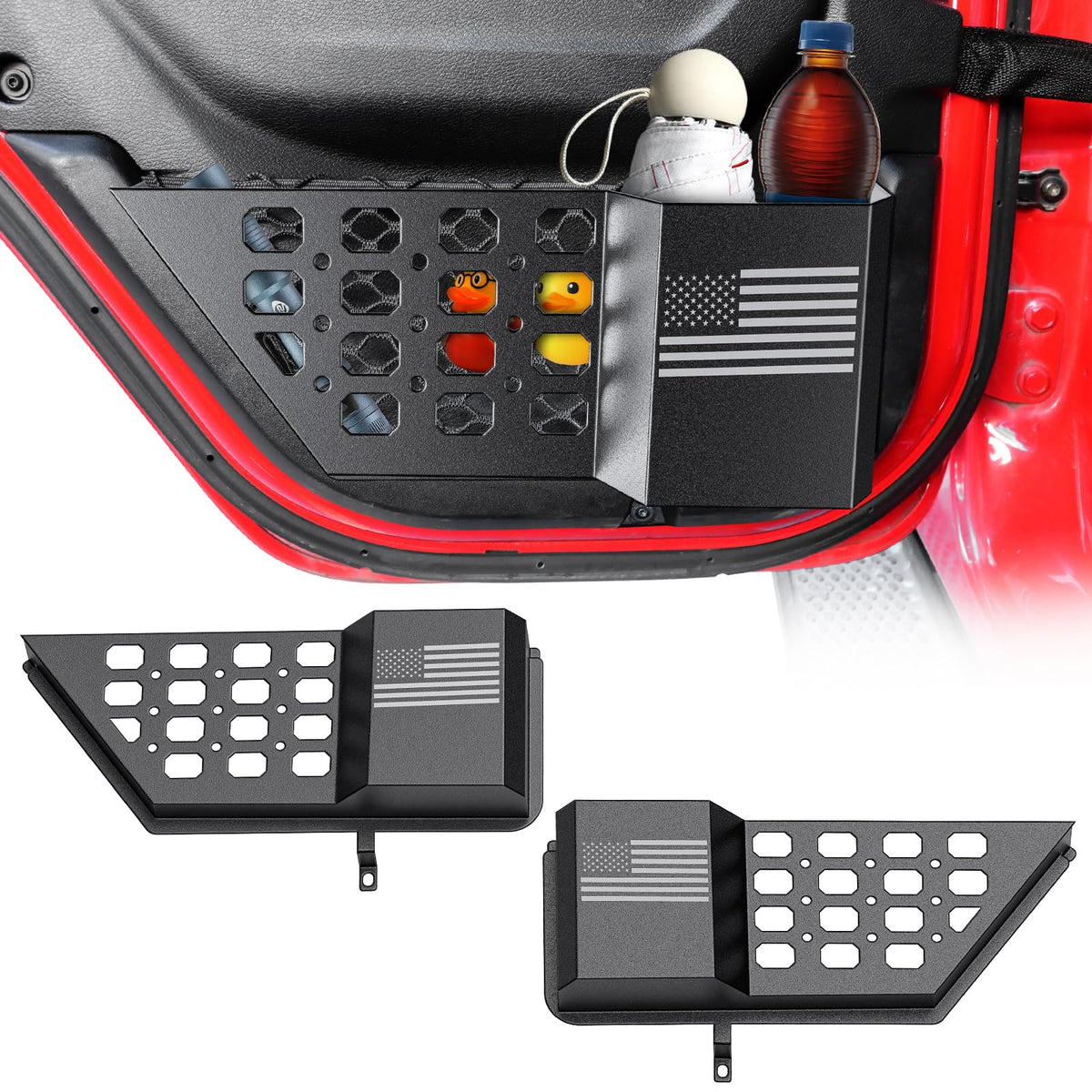 DIAMOOKY front panel installed on Wrangler rear door for tidy storage