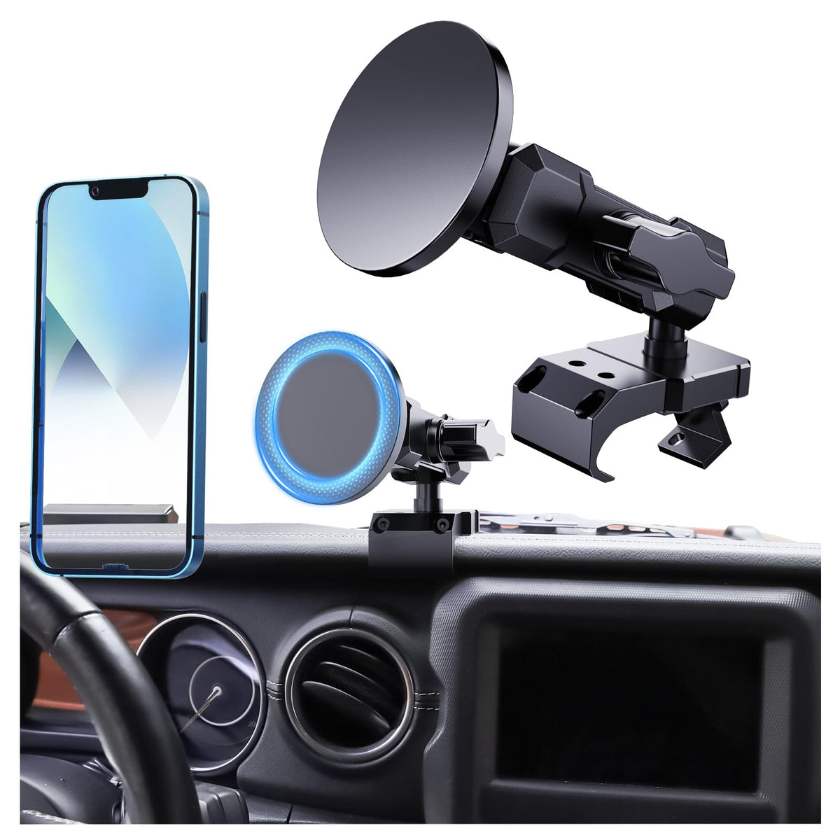 DIAMOOKY front view on Jeep dash showing secure mounting benefit