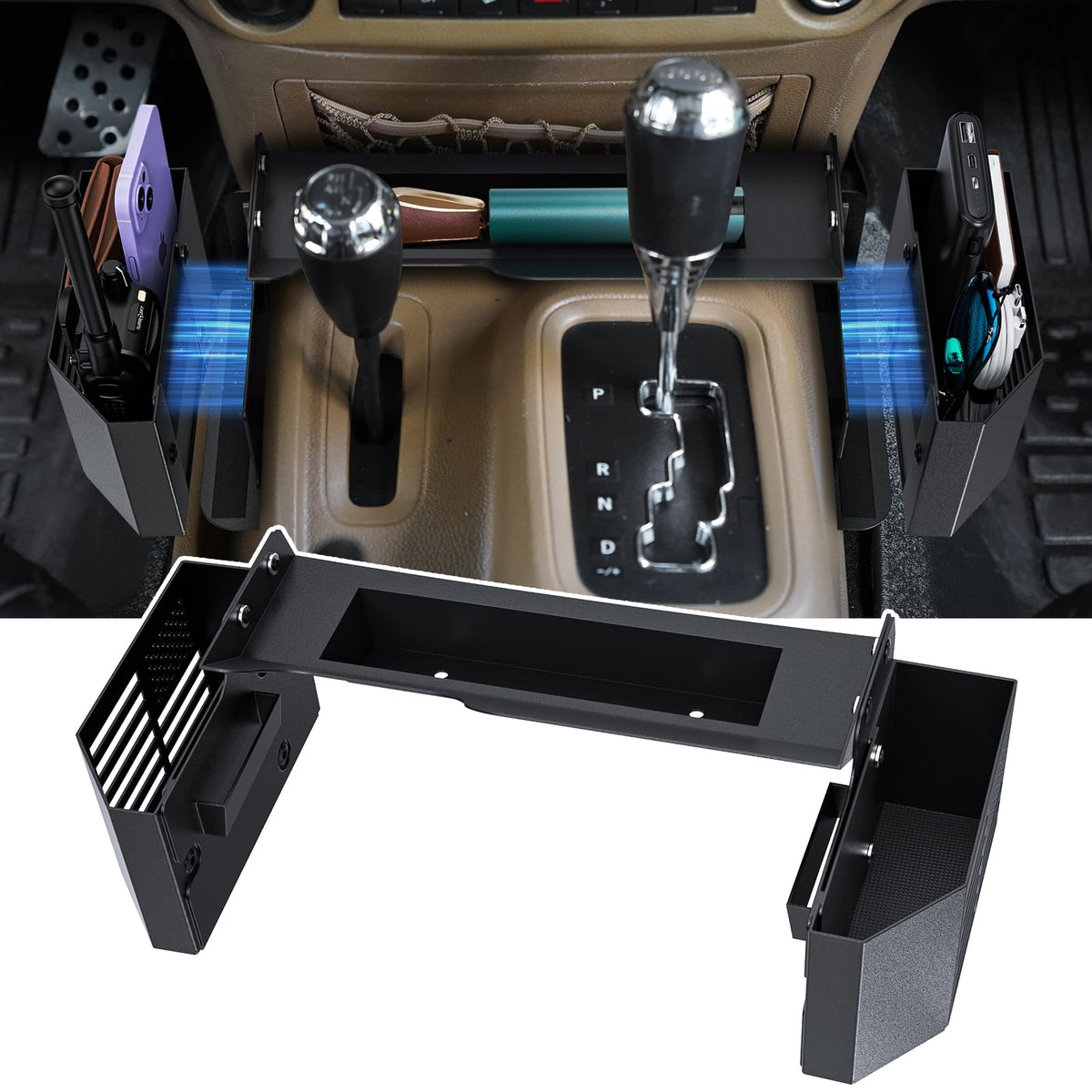 DIAMOOKY front view console organizer showing neat storage and durable fit