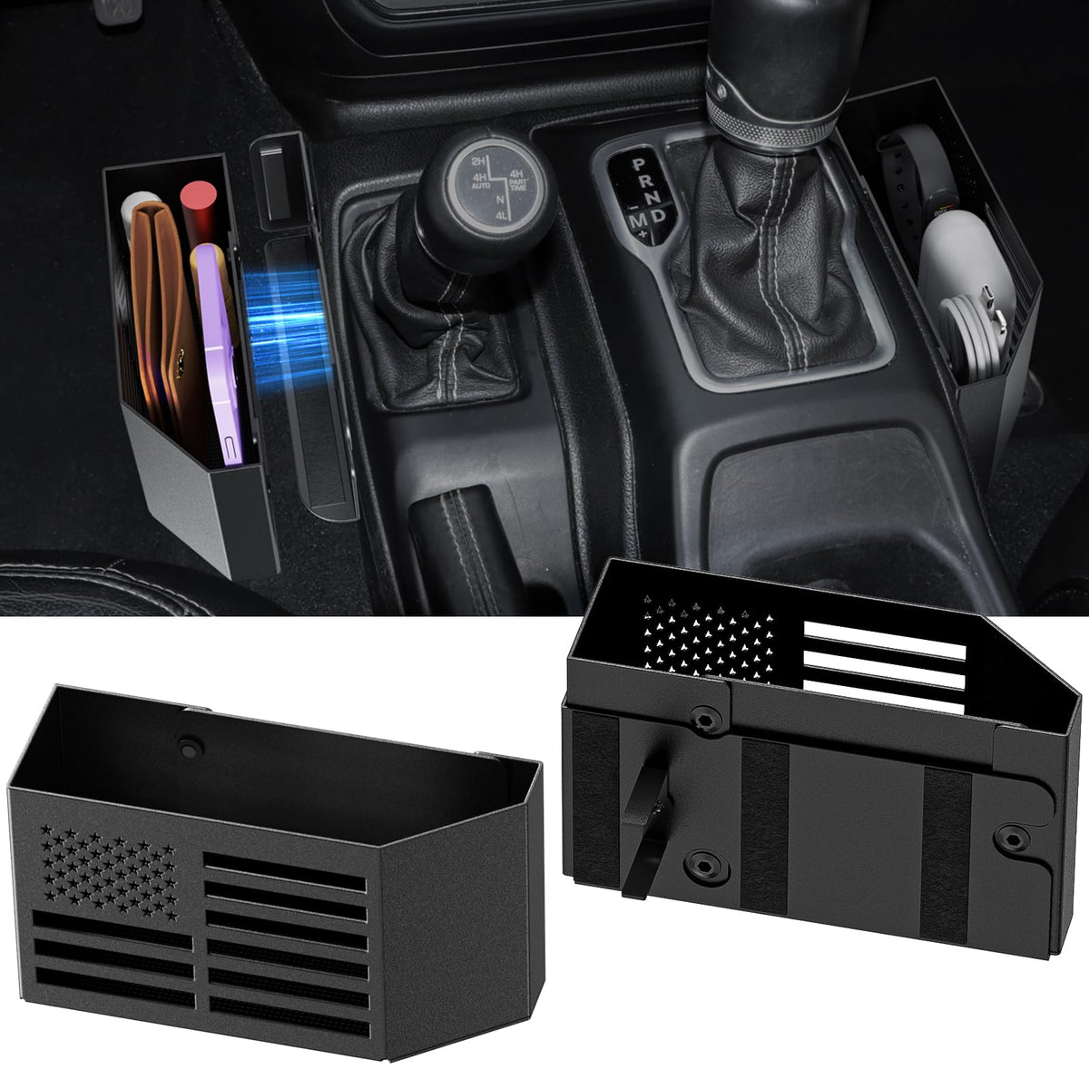 DIAMOOKY front view of metal console organizer showing clean fit for storage