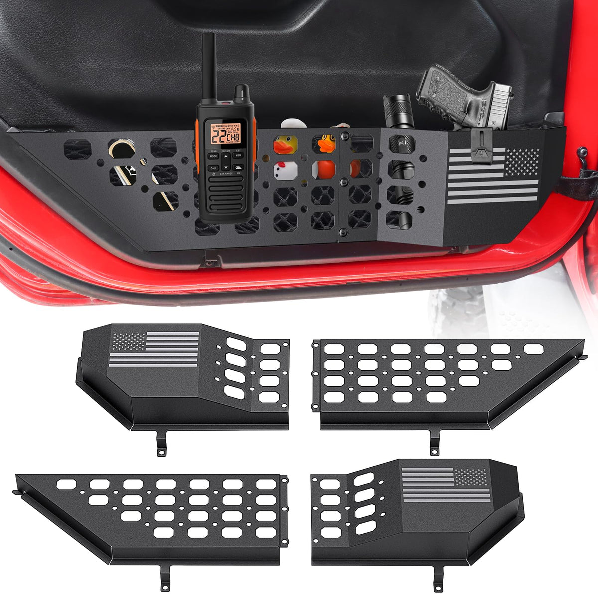 DIAMOOKY front view installed in Jeep Wrangler door shows neat, durable storage