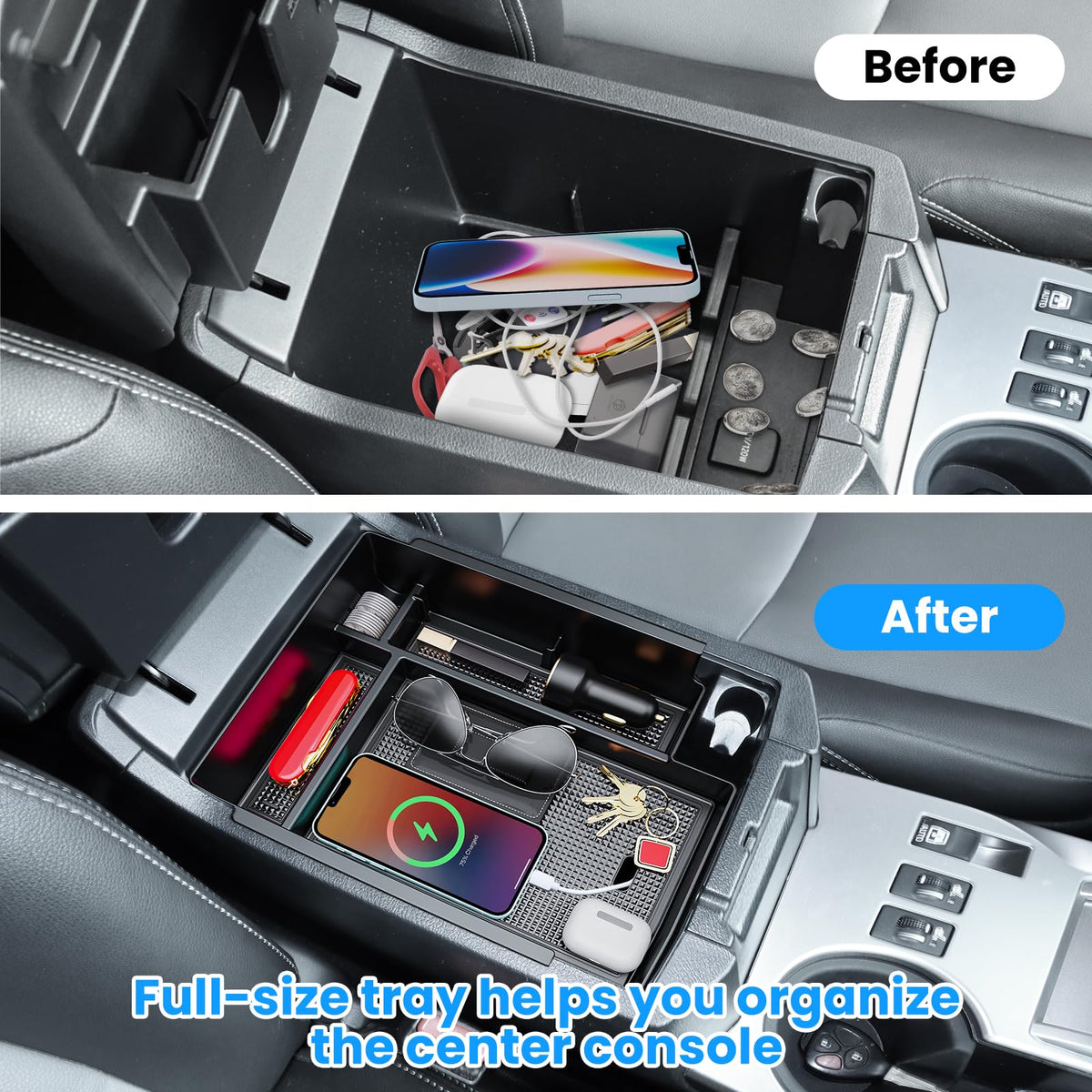 DIAMOOKY glove box organizer open with manuals and flashlight for quick retrieval