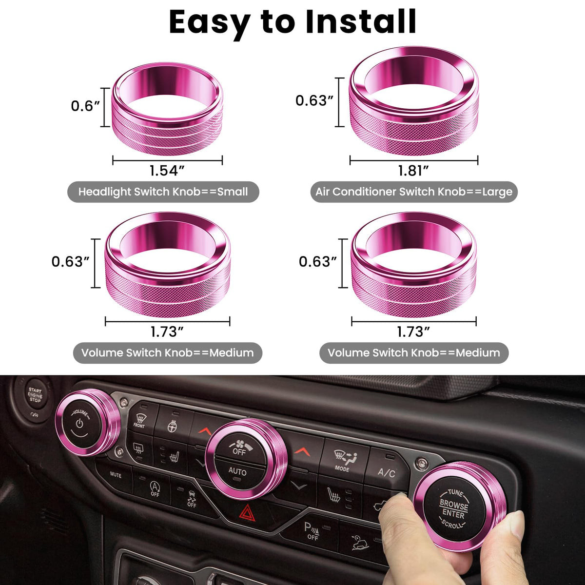 DIAMOOKY knob covers angled in Jeep interior lifestyle shot enhancing cabin appearance