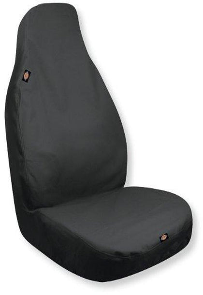 Dickies front view of black trader seat cover showing full protection and durability