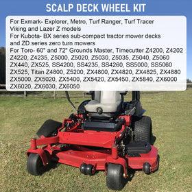 DICMIC wheel installed on mower deck demonstrating anti-scalp protection and level cutting