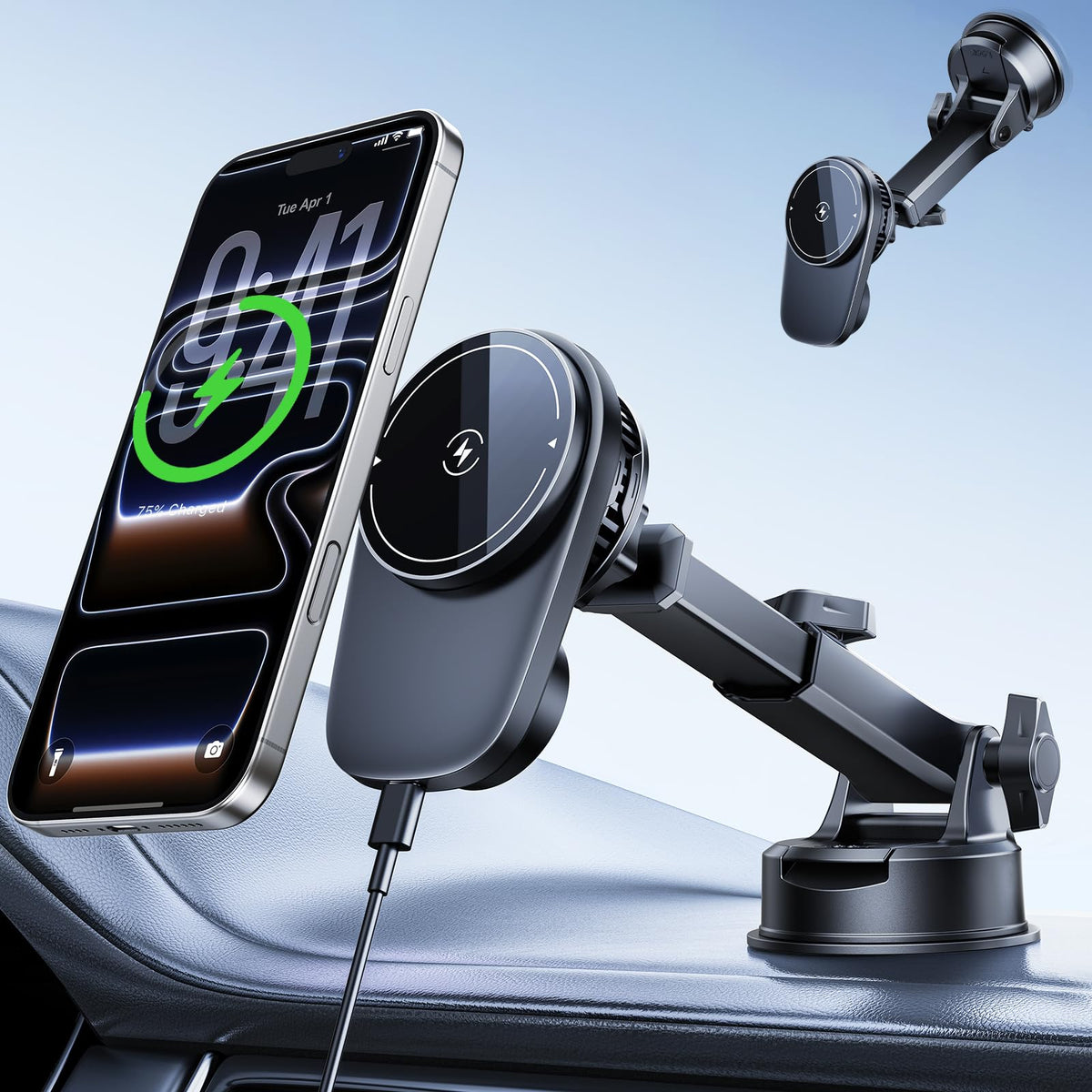DICMKY front view on dashboard showing stable mount and charging