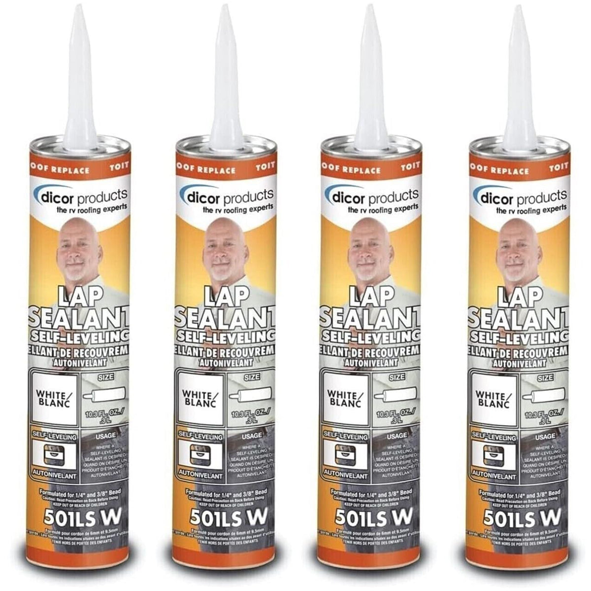 Dicor self-leveling tube front view showing label and application benefit