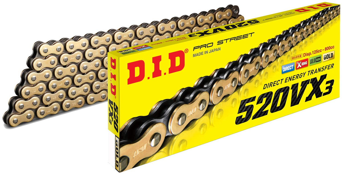 DID 520VX3 gold chain front view showing full length and master link, boosts drivetrain reliability