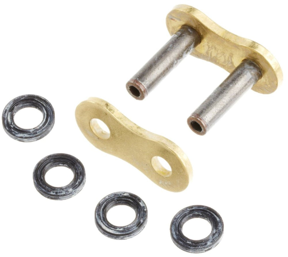 DID chain front view showing gold finish and rivet link, highlights durability