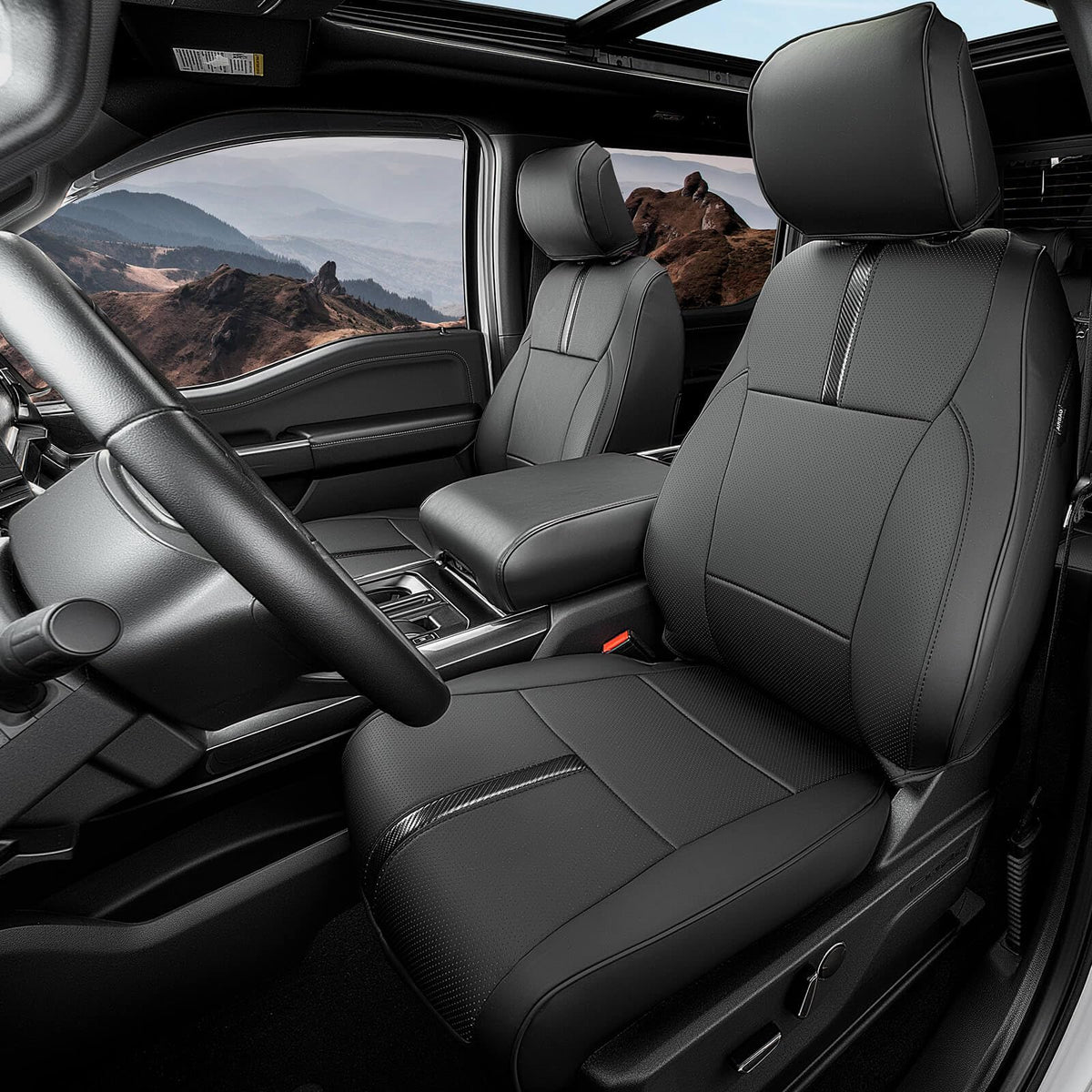DiffCar front view showing custom-fit seat covers on Ford F-150 enhancing interior