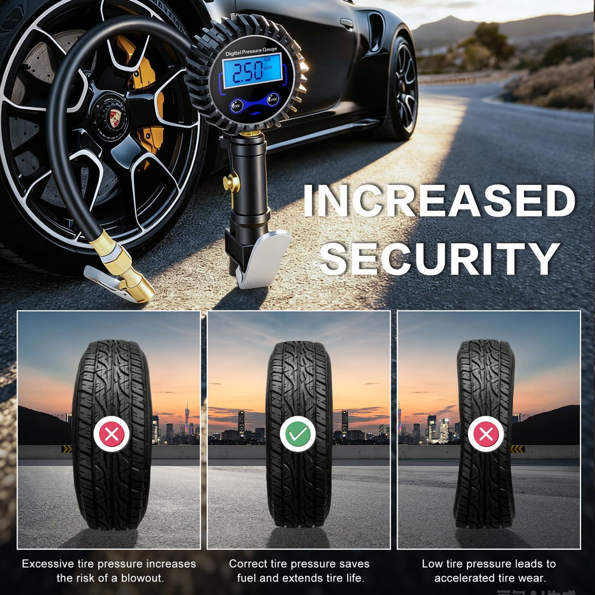 DigitPro inflating car tire in garage showing fast one-handed inflation benefit