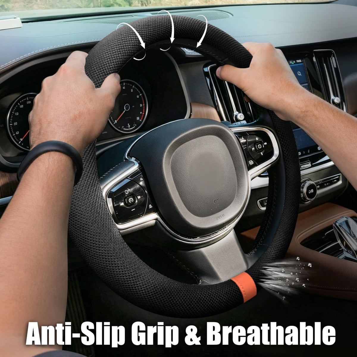 DiHTing hand gripping wheel illustrating improved traction and control