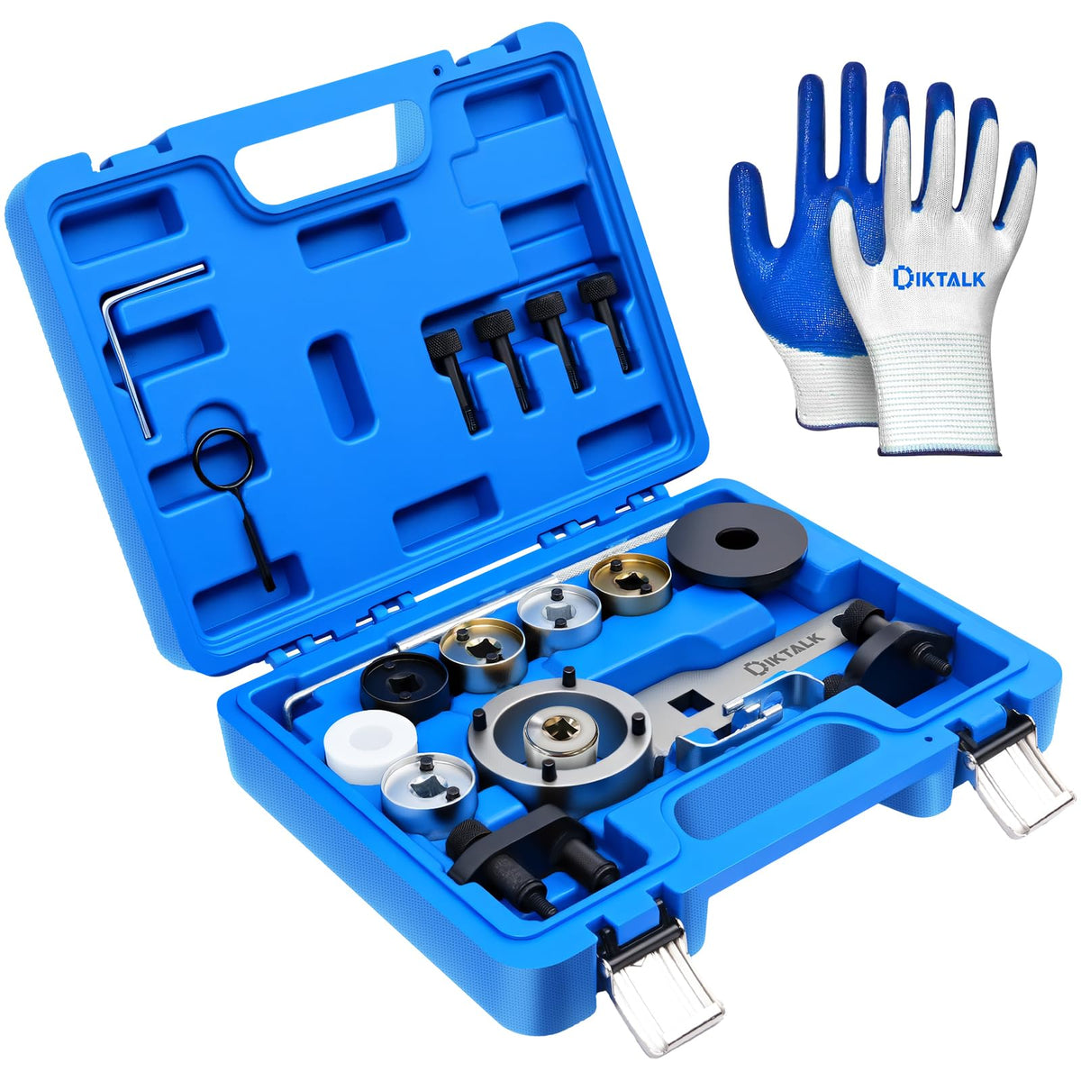 DikTalk timing tool set front view showing all 21 pieces and case for easy identification and readiness