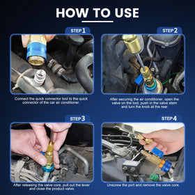 DikTalk tool being used on a vehicle A/C port demonstrating refrigerant-preserving service