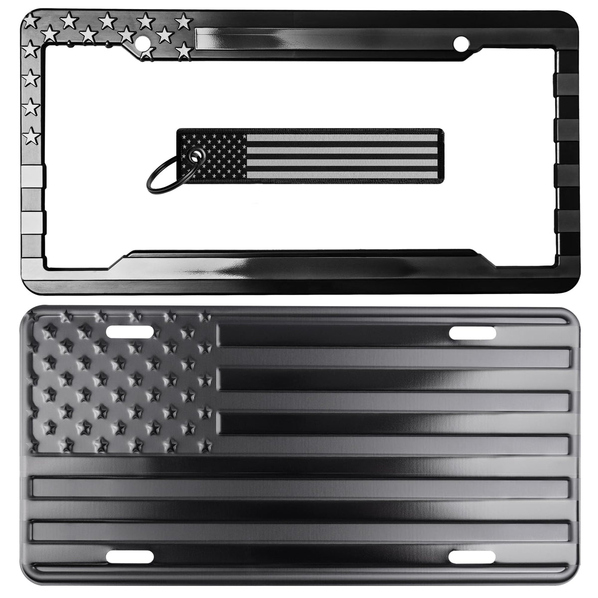 DillenCo license plate front view showing embossed flag and durable finish for road-ready style