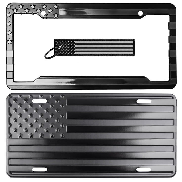 DillenCo license plate front view showing embossed flag and durable finish for road-ready style