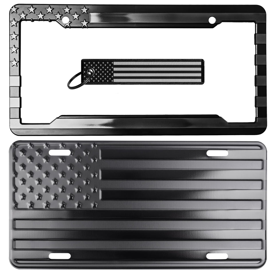 DillenCo license plate front view showing embossed flag and durable finish for road-ready style