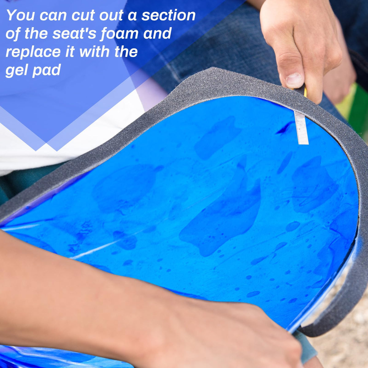 Dimsile being trimmed to fit a seat showing customizable size and secure fit