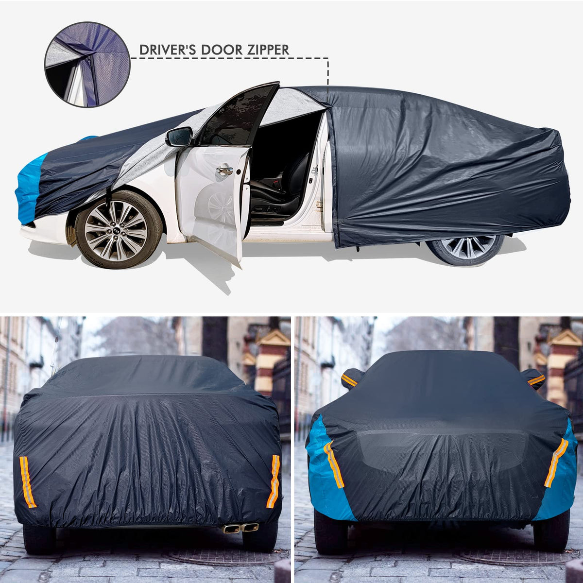 DINGHAO cover on sedan in snow illustrating all-weather protection