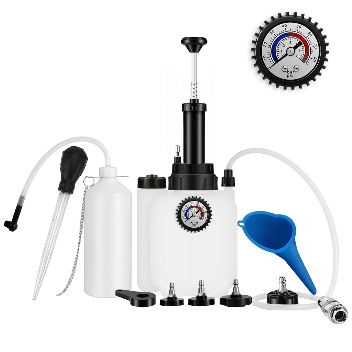 DIQDI front view of 3L brake bleeder kit shows kit components and easy setup benefit