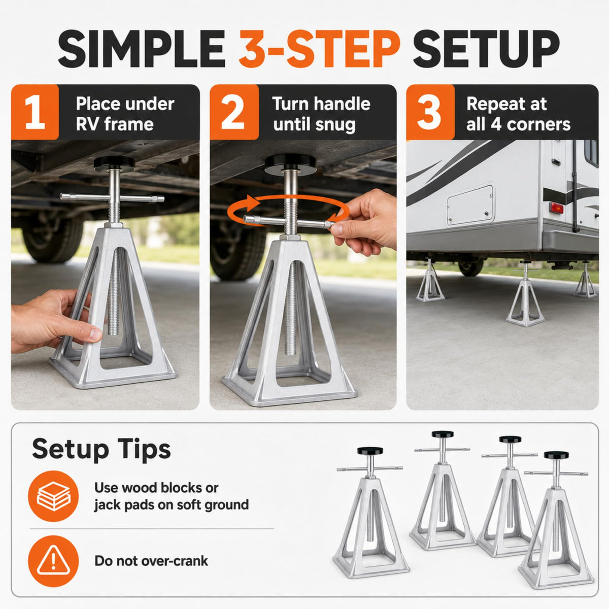 Discount Parts Direct jack installed under camper frame providing steady support for interior stability