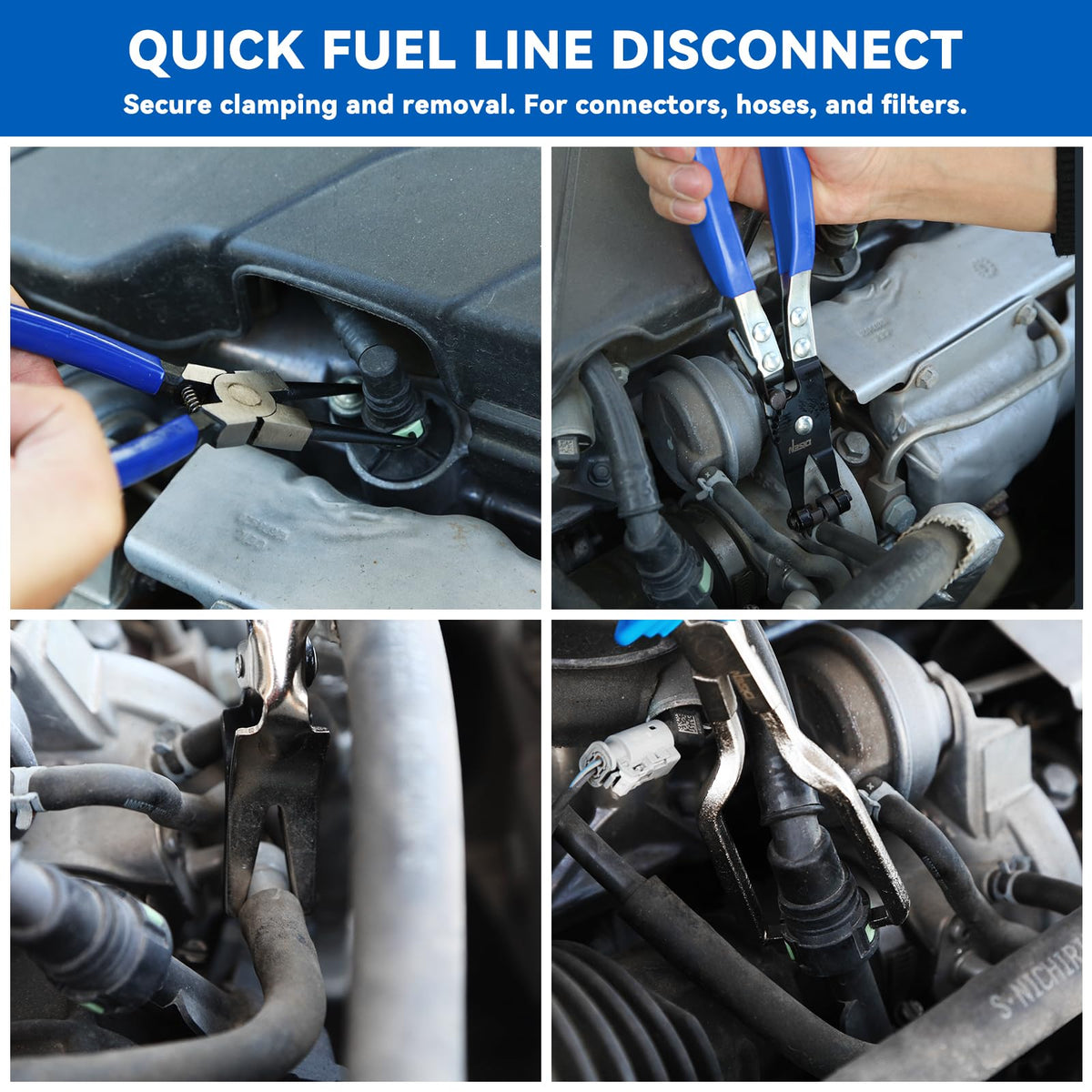 DISEN pliers compressing a hose clamp for safe fuel-line removal