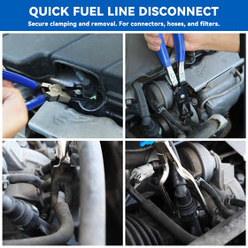 DISEN pliers compressing a hose clamp for safe fuel-line removal