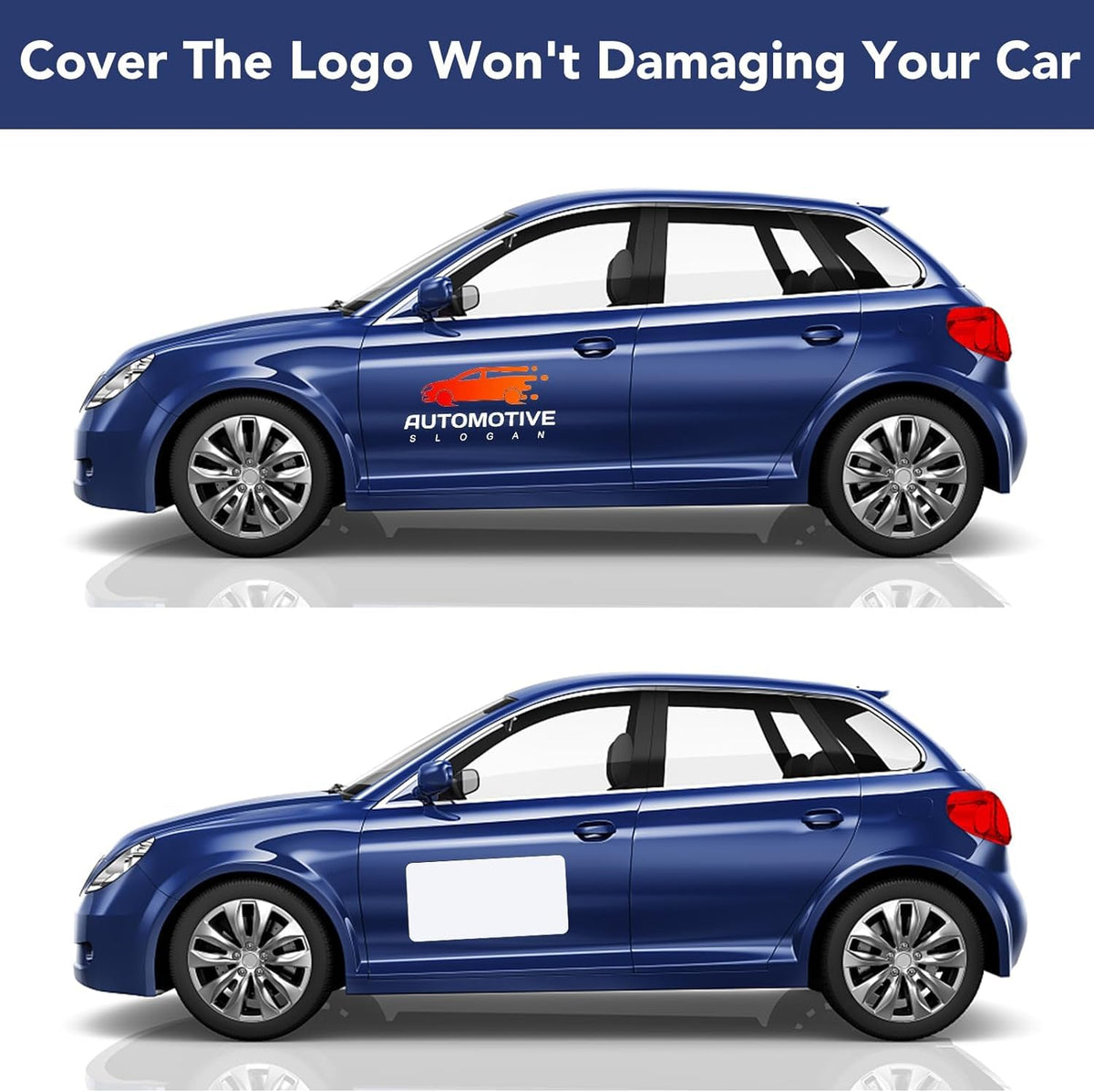 DIYMAG covering logo demo showing how magnet conceals existing emblem and protects paint.