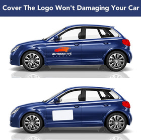 DIYMAG covering logo demo showing how magnet conceals existing emblem and protects paint.