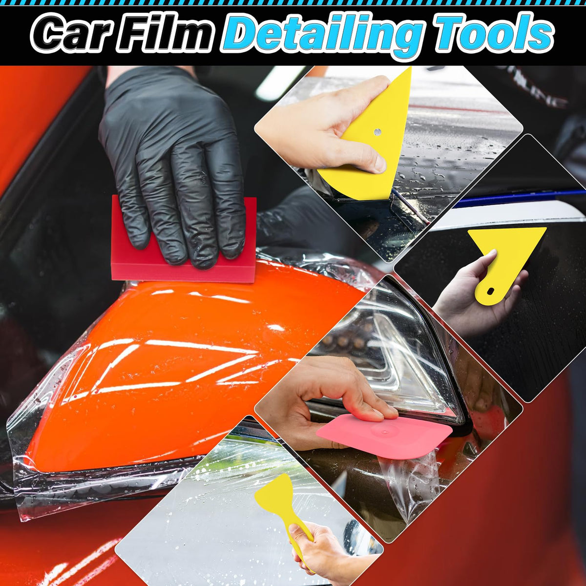 DIYSELF tools in use applying window film to a car window for faster, cleaner installation