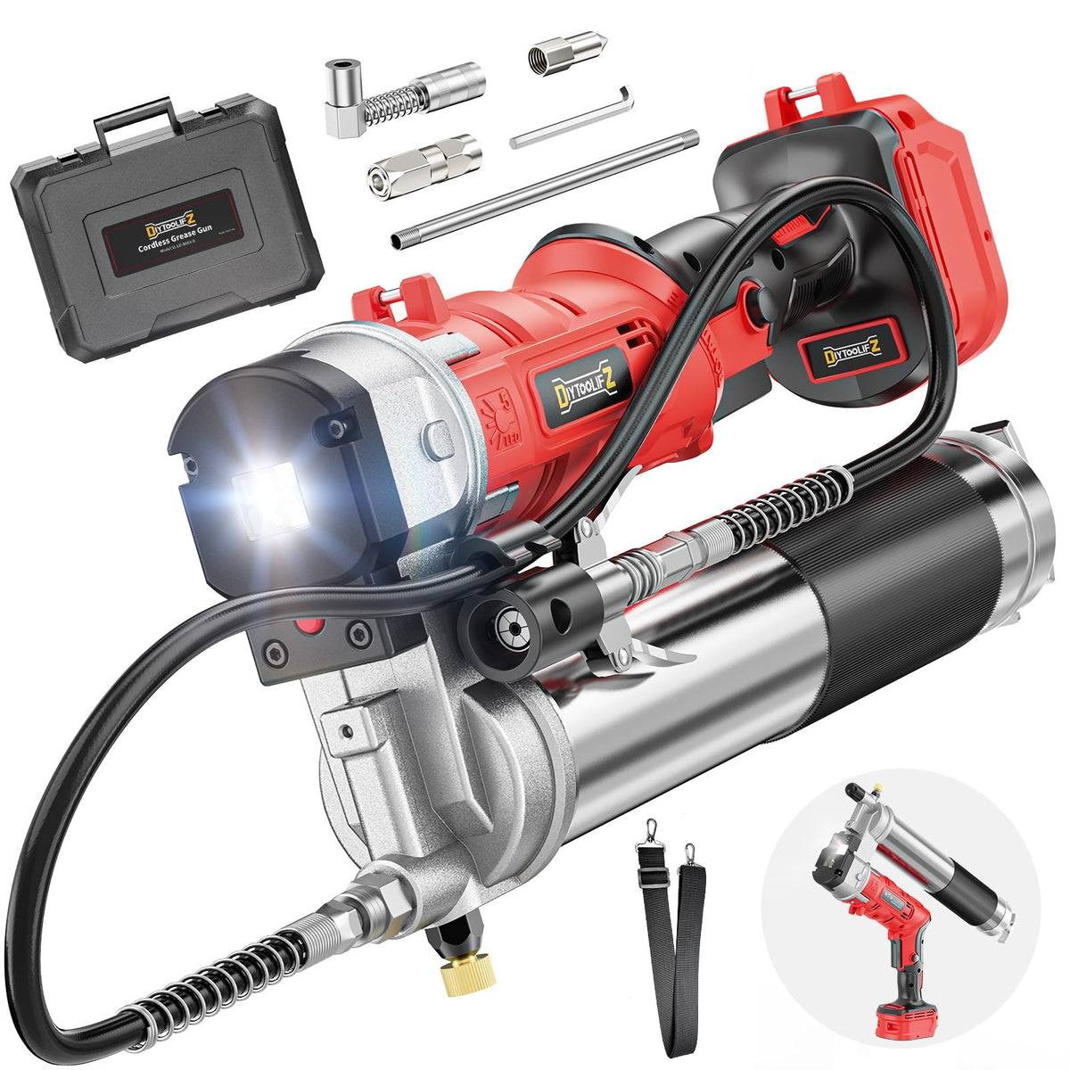 DIYtoolifz grease gun front view showing compact body and battery compatibility benefit