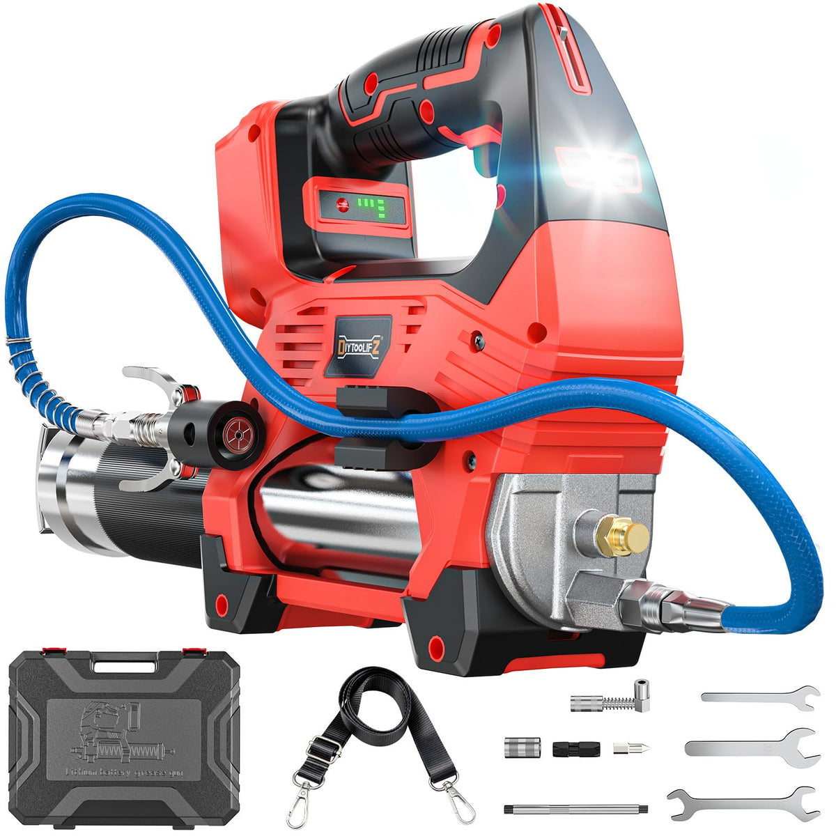 DIYtoolifz front view showing compact cordless grease gun for easy handling