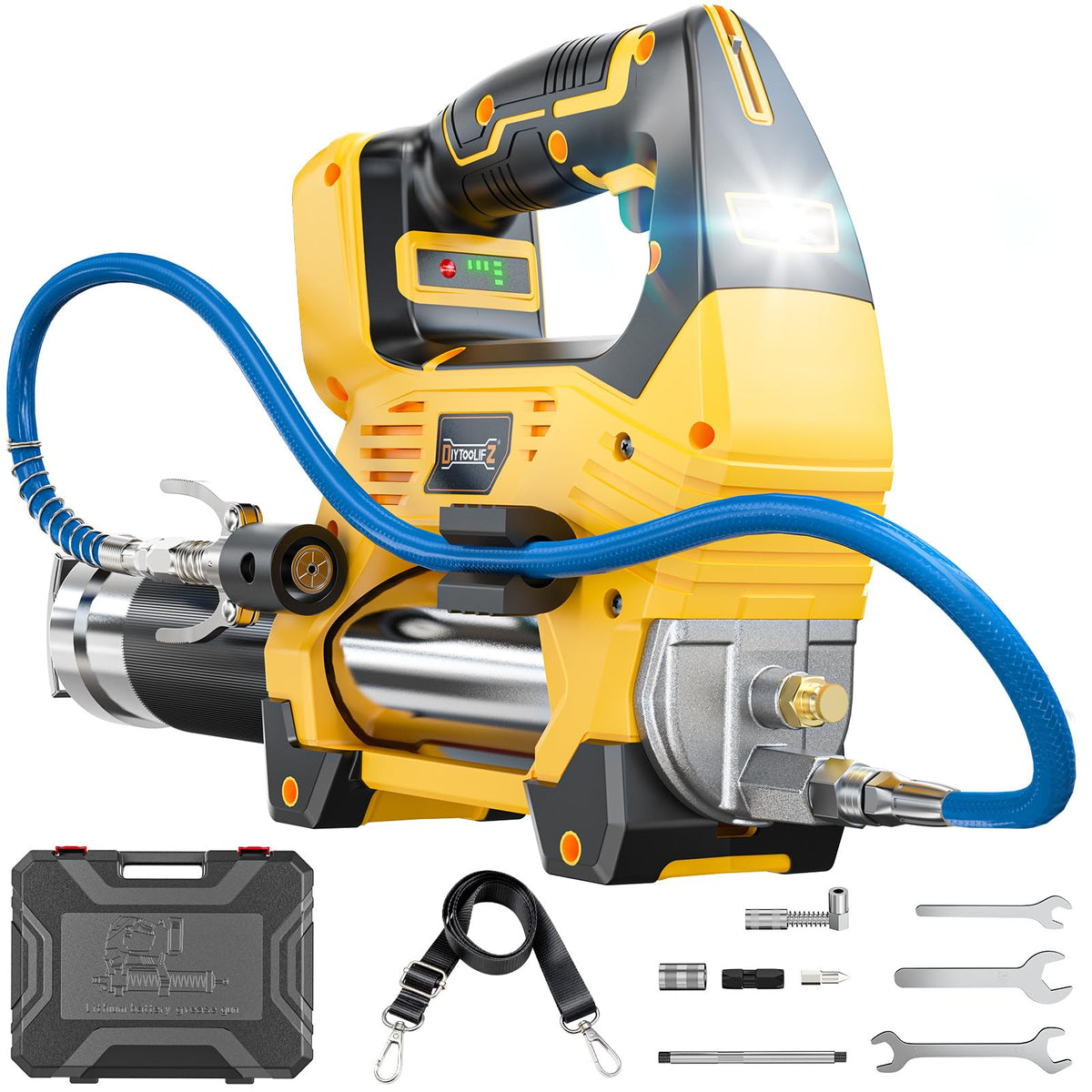 DIYtoolifz front view with hose showing ergonomic grip and quick access
