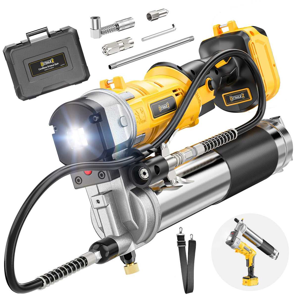 DIYtoolifz front view of cordless grease gun showing compact body and trigger advantage