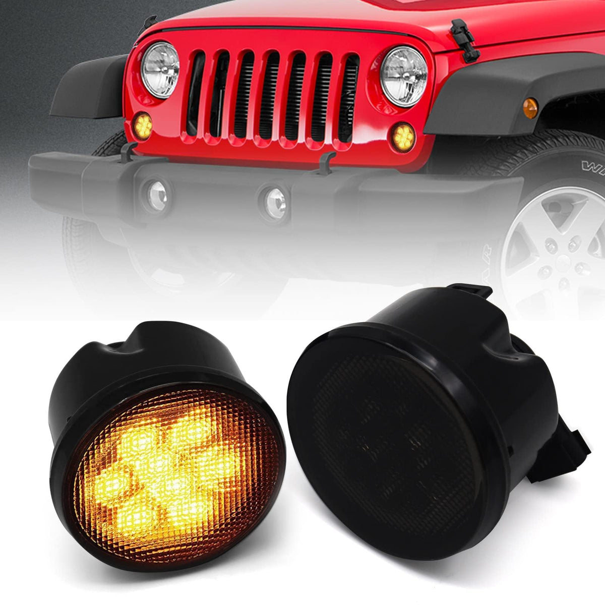DKMGHT front assembly on Jeep Wrangler showing sleek smoked lens and improved style