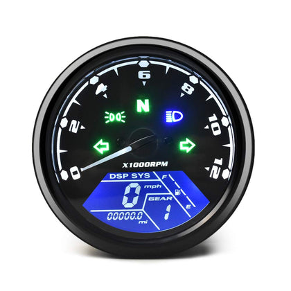 DKMOTORK gauge front view showing clear digital readouts and indicators
