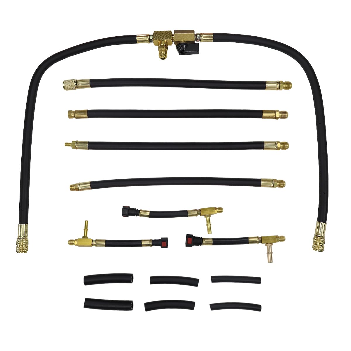 DKwoeshg assortment of adapters laid out to match various vehicle fuel ports
