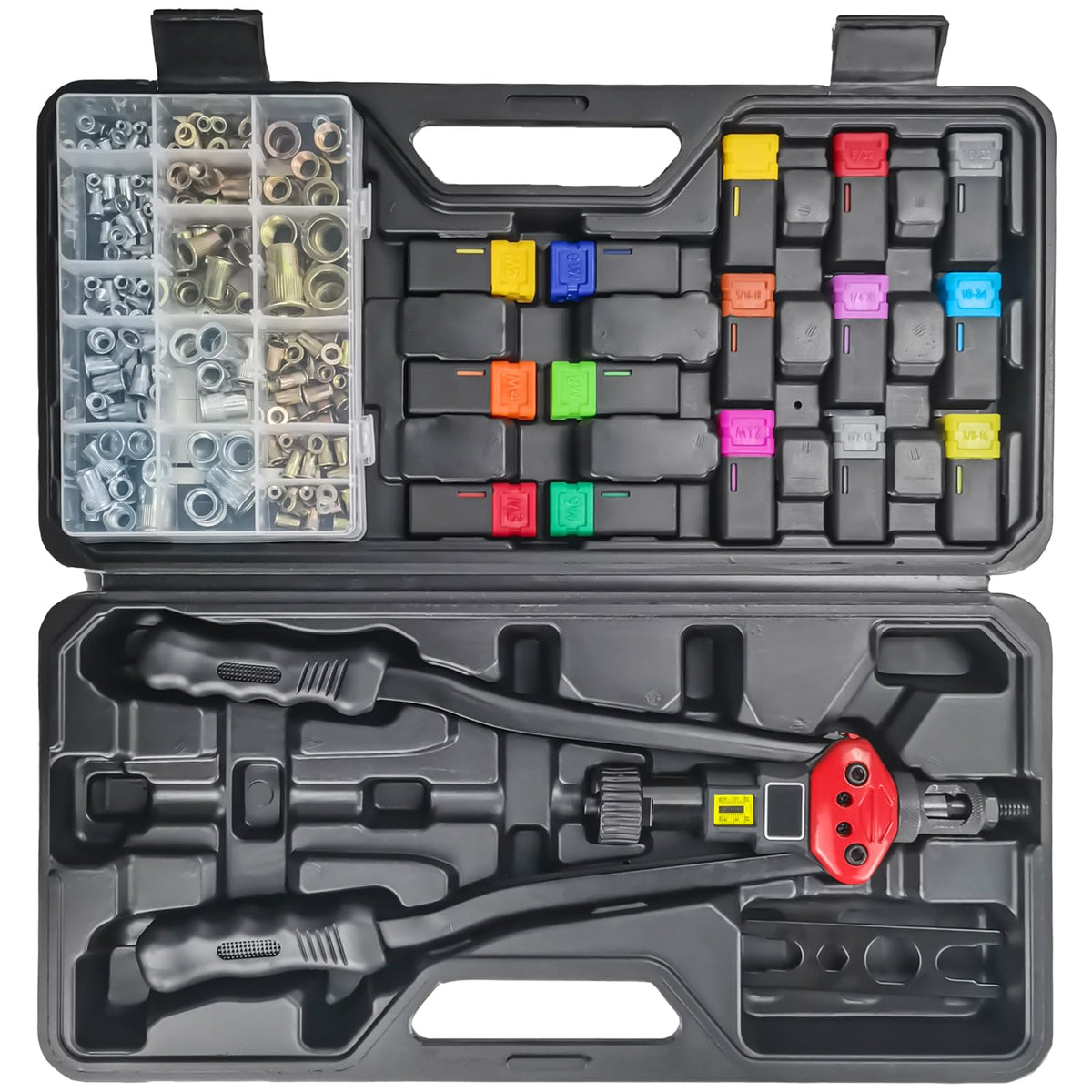 DKwoeshg front view of lever rivet nut tool kit showing complete set and benefit of ready-to-use organization