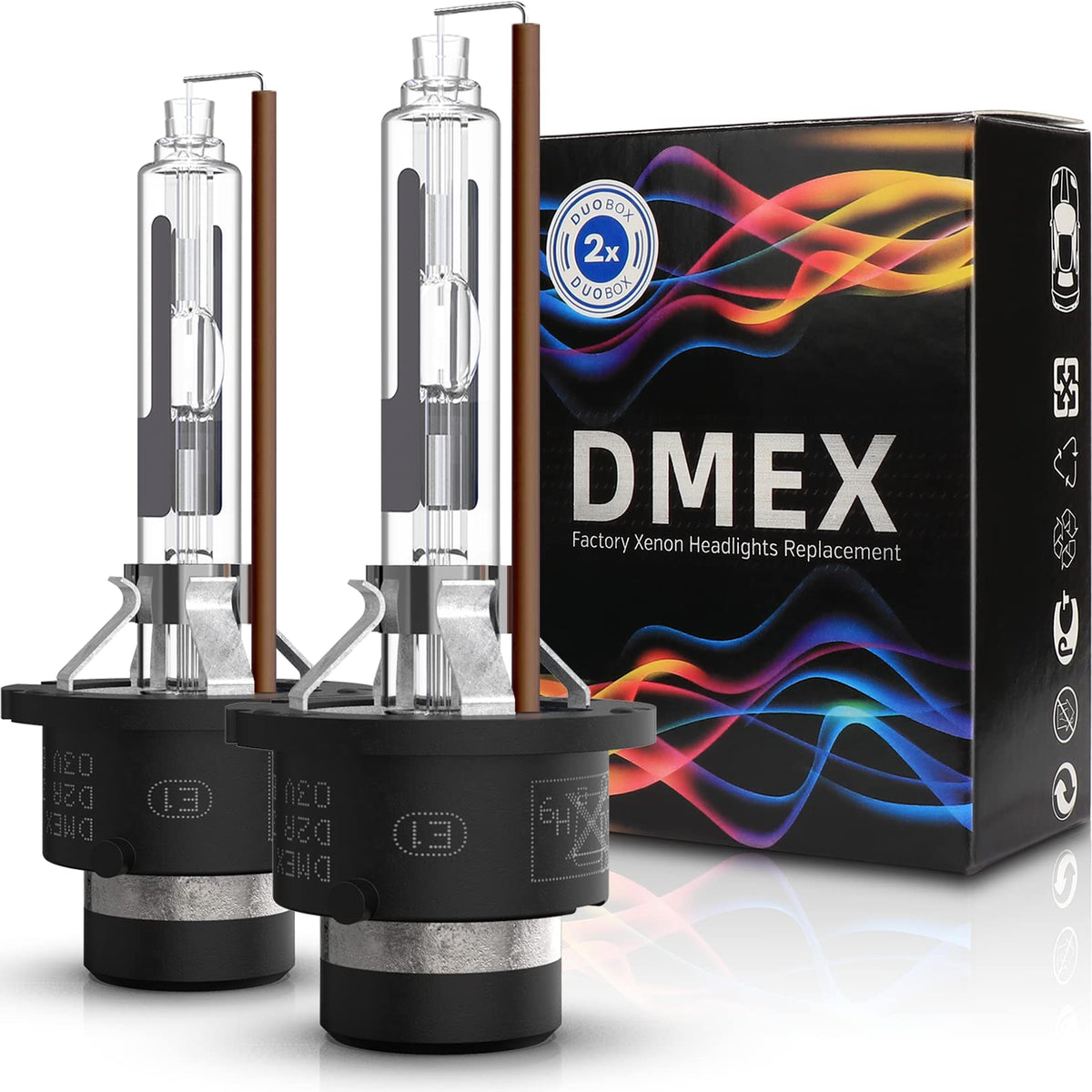 DMEX front packaging showing two D2R bulbs and model details for easy identification and purchase