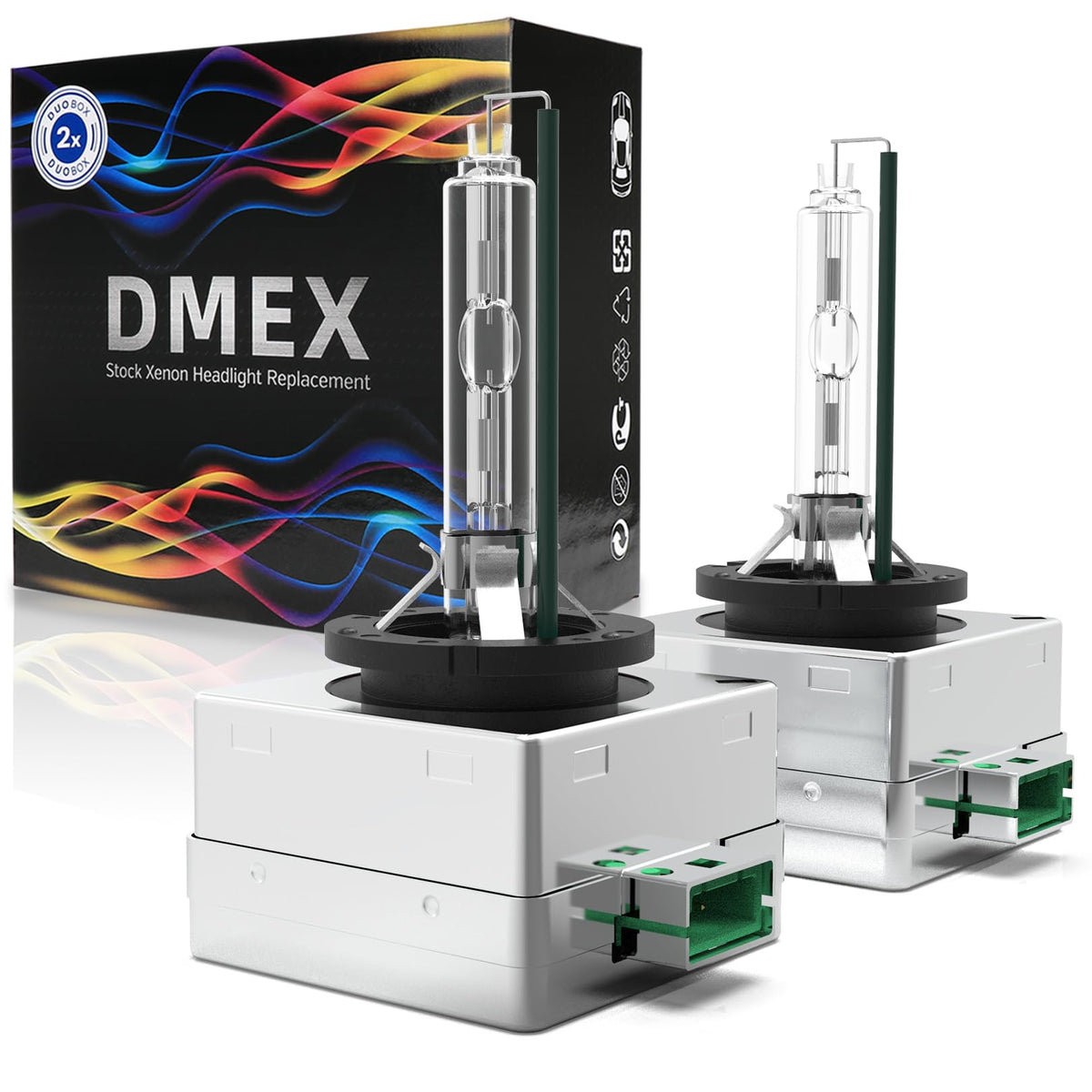 DMEX D3S pack front view showing two bulbs and packaging, clear fitment benefit