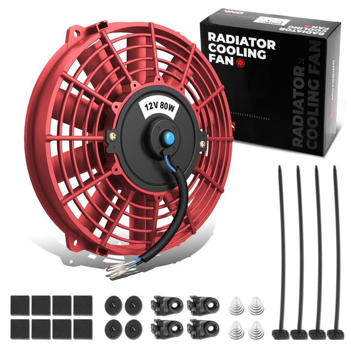 DNA MOTORING front view of red 7-inch fan showing compact shroud and airflow benefit