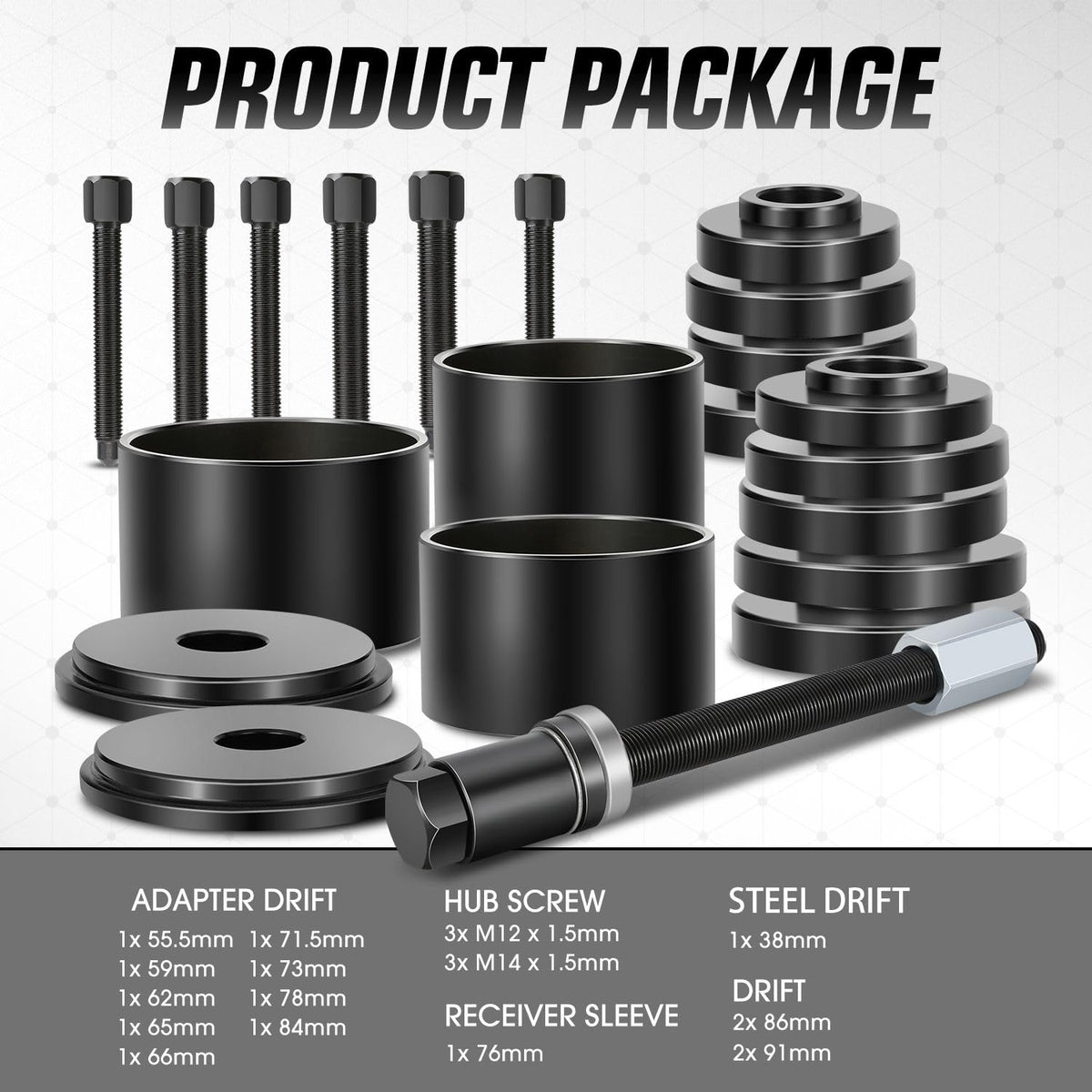 DNA MOTORING adapter sleeves lined up demonstrating range of diameters for versatile bearing fits