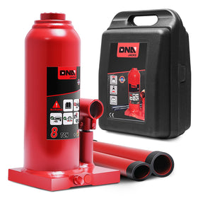 DNA MOTORING bottle jack front view showing sturdy build and red finish, reliable lifting