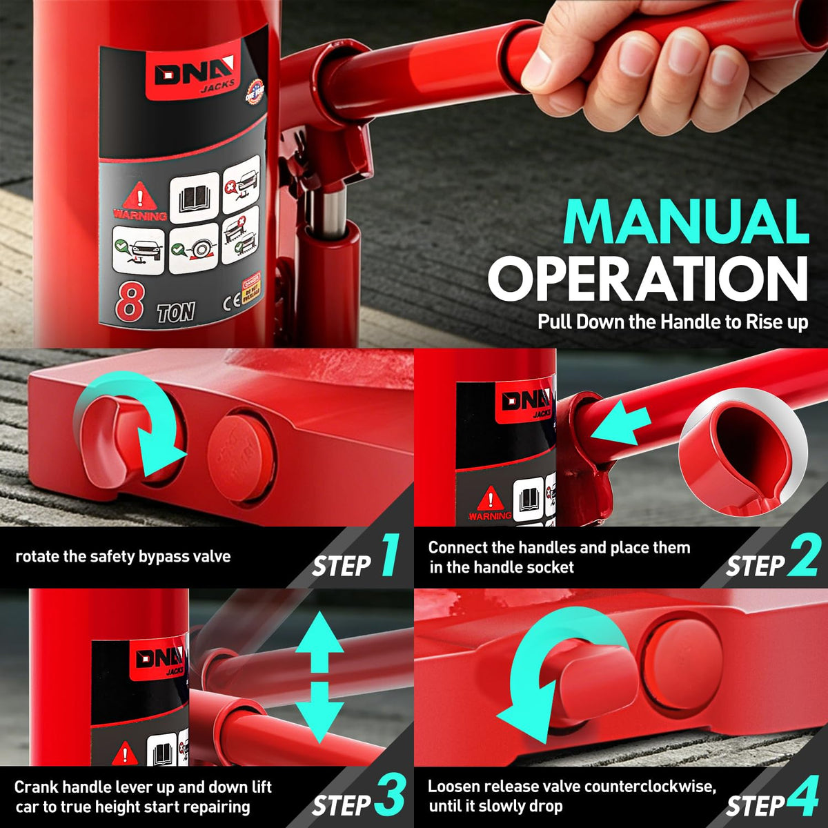 DNA MOTORING detachable handle beside jack for compact storage and easy transport