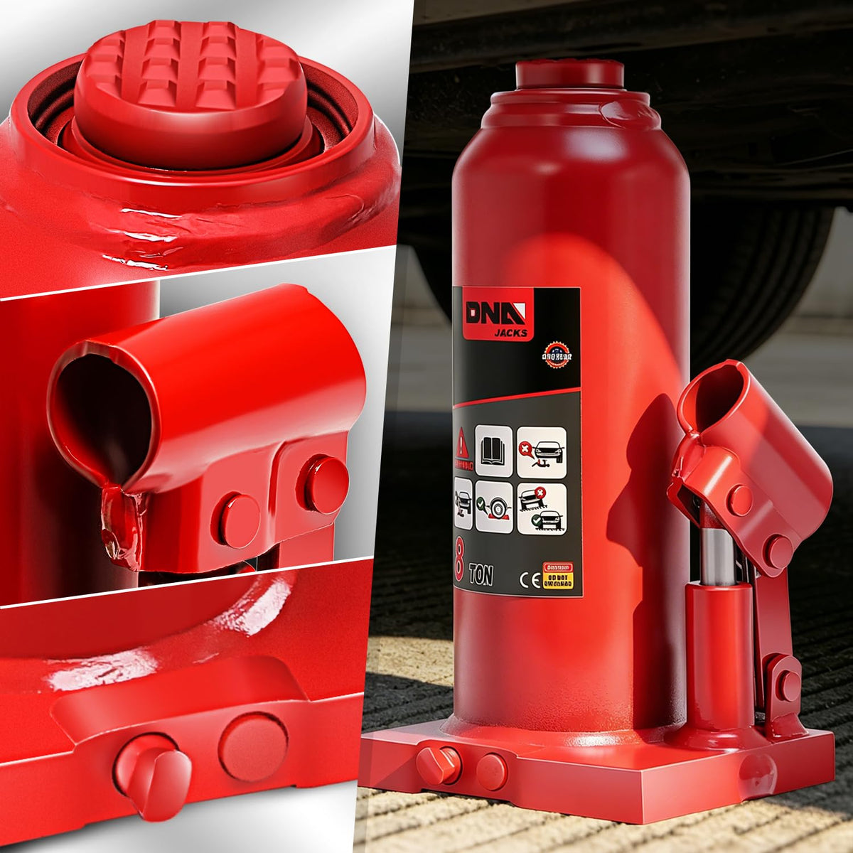 DNA MOTORING bottle jack fully extended to show maximum 17.5 inch lift height capability