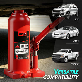 DNA MOTORING product label and stamped specs highlighting 8 ton capacity and safety info