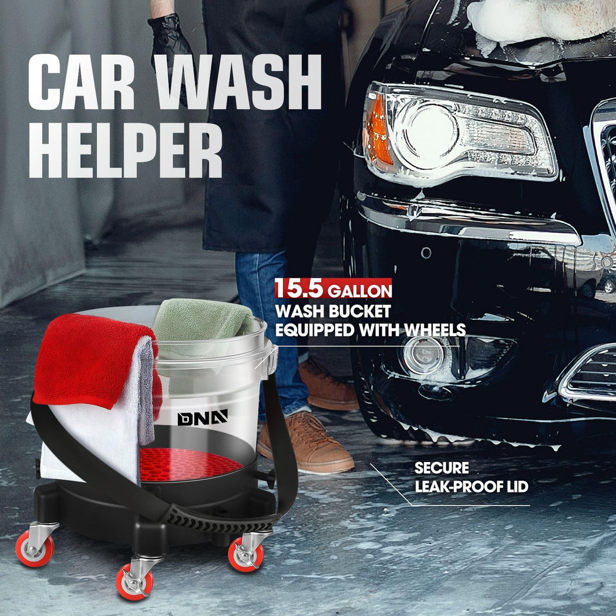 DNA MOTORING leak-resistant lid on bucket to prevent spills and secure solutions