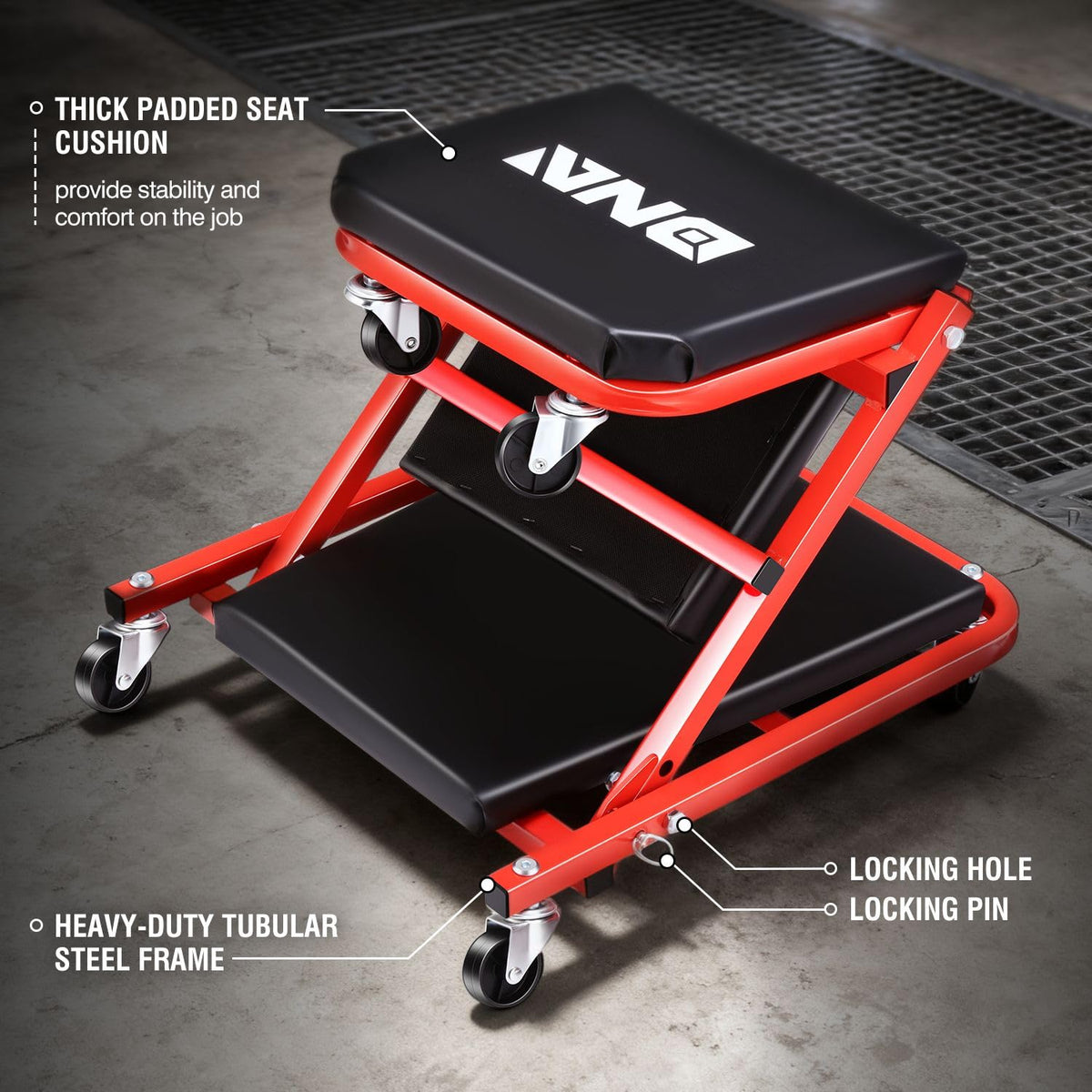 DNA MOTORING caster detail showing 2-inch swivel wheels for smooth movement